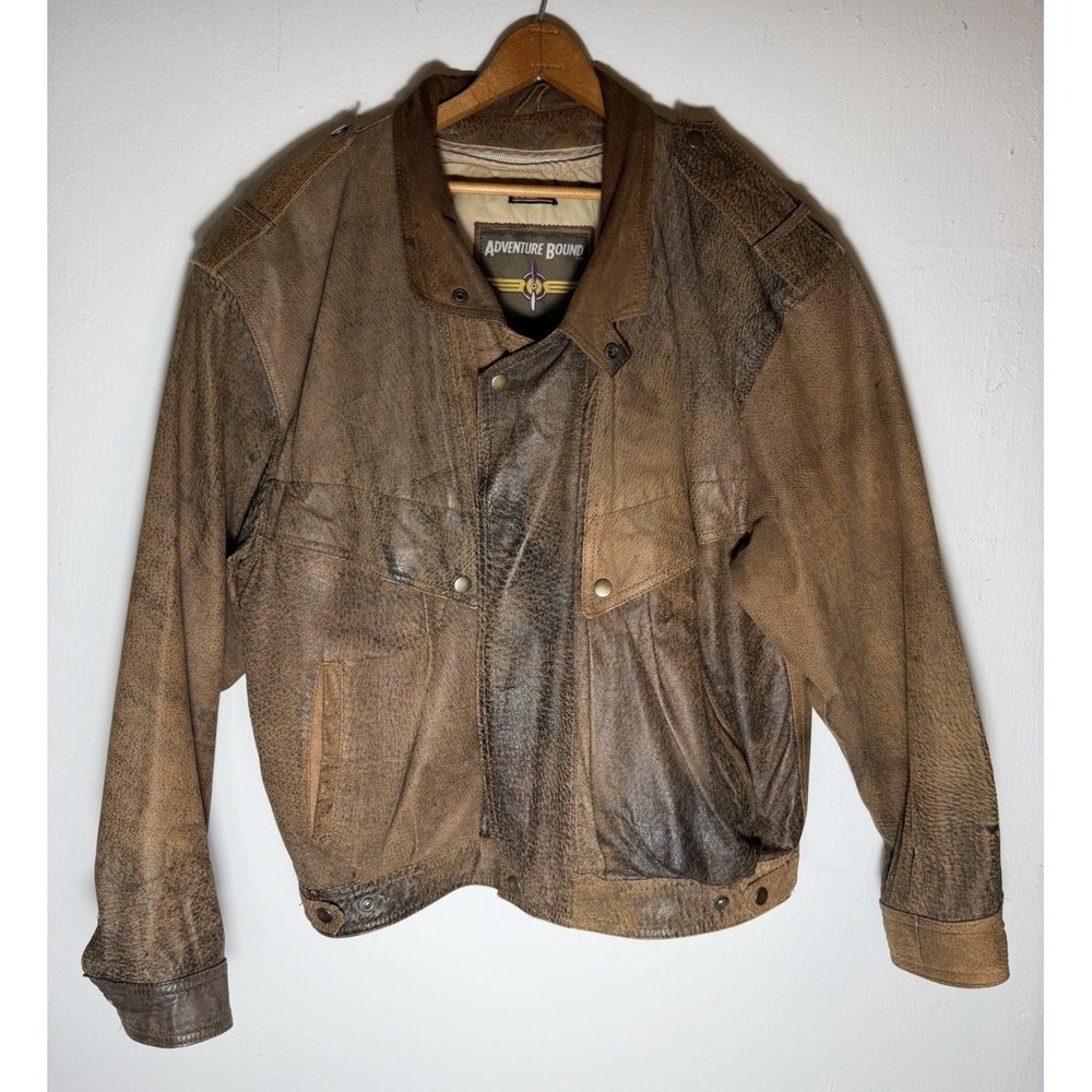 Vtg 90s Adventure Bound Distressed Leather Bomber Jacket Brown L Men's